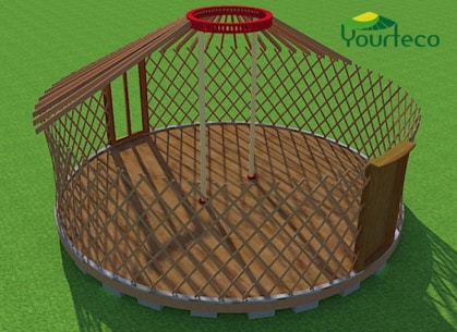 STRUCTURE YOURTE CONTEMPORAINE La charpente d'une yourte contemporaine, les treillis et les perches ainsi que le toono.