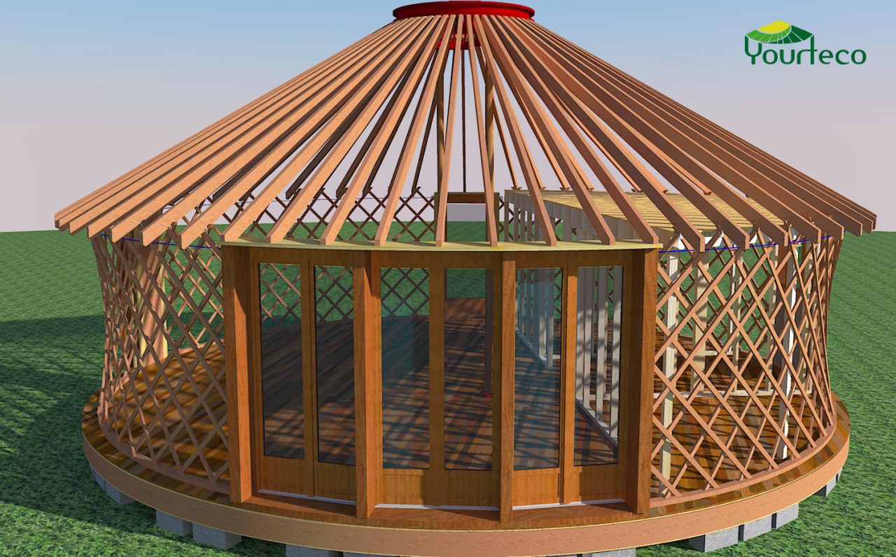 OSSATURE YOURTE HABITATION TREILLIS ET PERCHES D'UNE YOURTE CONTEMPORAINE