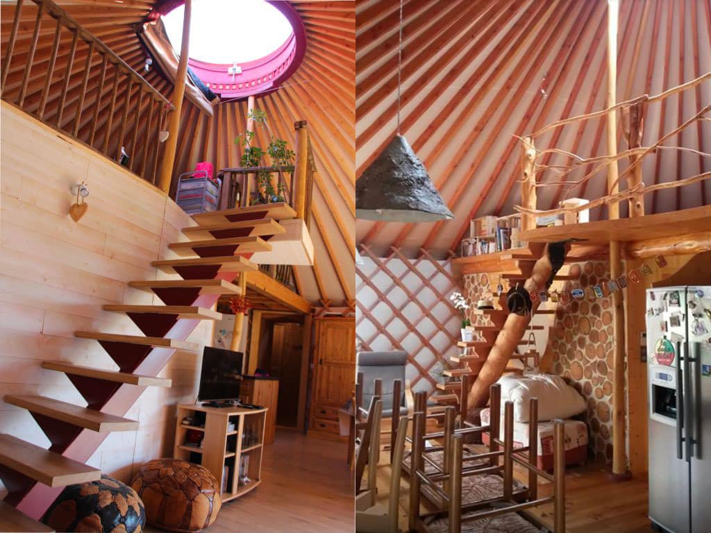 Intérieur yourte contemporaine avec escaliers en bois