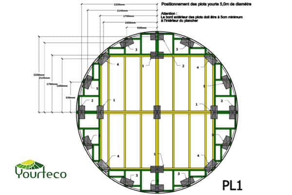 Plan implantation fondations yourte contemporaine