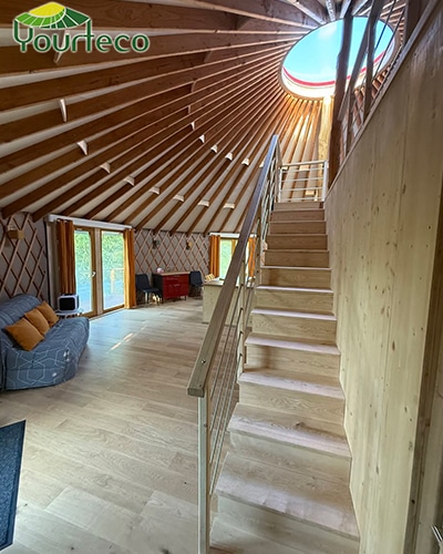 Wooden staircase for a contemporary yurt.