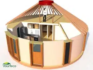 Exemple aménagement intérieur yourte ossature bois